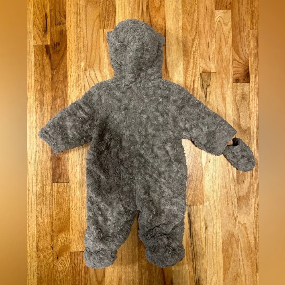 John Lewis UK Plush Bear Ears Hooded Pram Suit One Piece Gray Taupe 3-6 Months